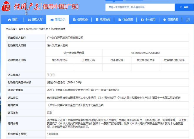 广州鸿飞建筑装饰工程有限公司被罚款1万元