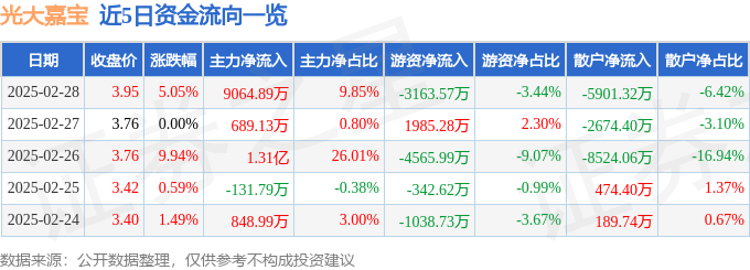 光大嘉宝（600622）2月28日主力资金净买入906489万元
