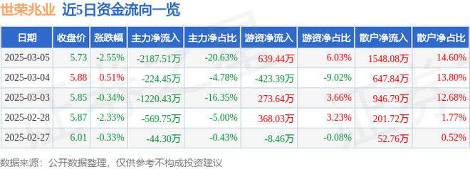 世荣兆业（002016）3月5日主力资金净卖出218751万元