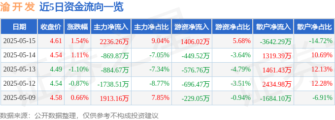 渝开发（000514）5月15日主力资金净买入223626万元(图1)