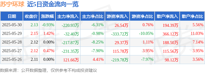 股票行情快报：苏宁环球（000718）5月30日主力资金净卖出22093万元(图1)
