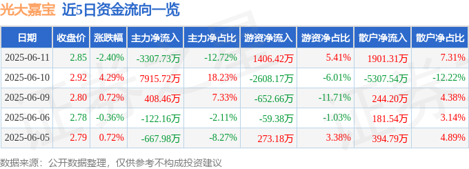 光大嘉宝（600622）6月11日主力资金净卖出330773万元(图1)