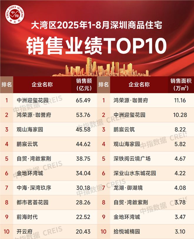 大湾区2025年1-8月深圳房地产企业销售业绩TOP20(图3)