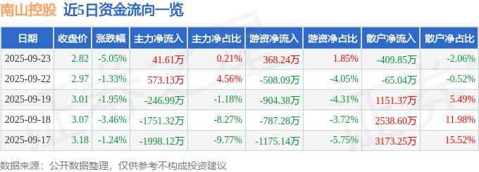 南山控股（002314）9月23日主力资金净买入4161万元
