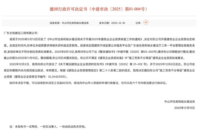 中山两家建筑企业资质被撤回未按时整改致资质不符标准‌(图1)